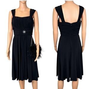 JESSICA HOWARD EVENING Brooch Fit & Flare Midi Dress Black Empire Waist Ruched 6